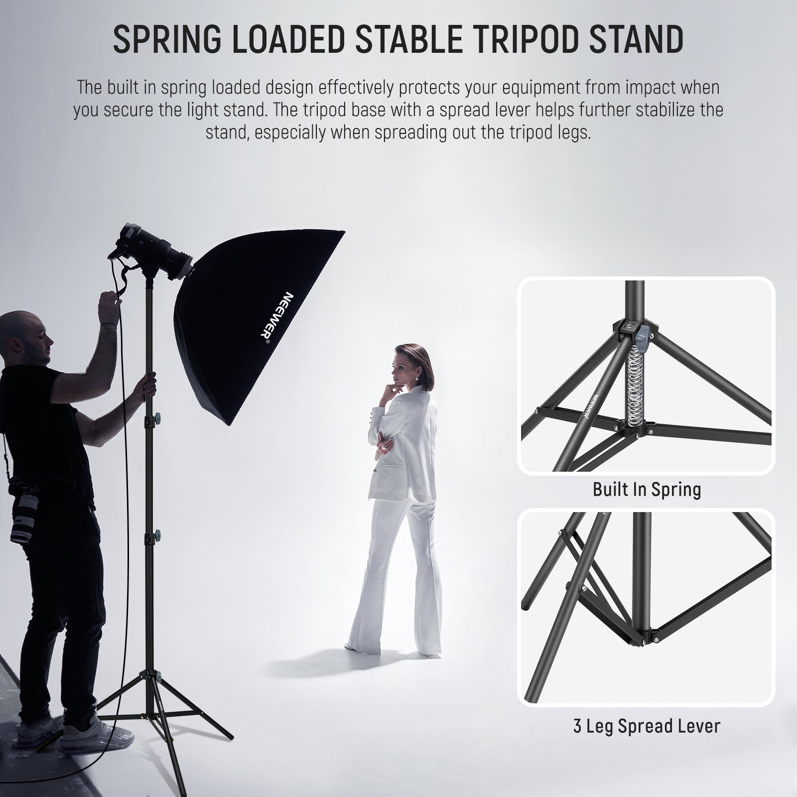 NEEWER ST-200 Tripod Light Stand features a spring-loaded design.