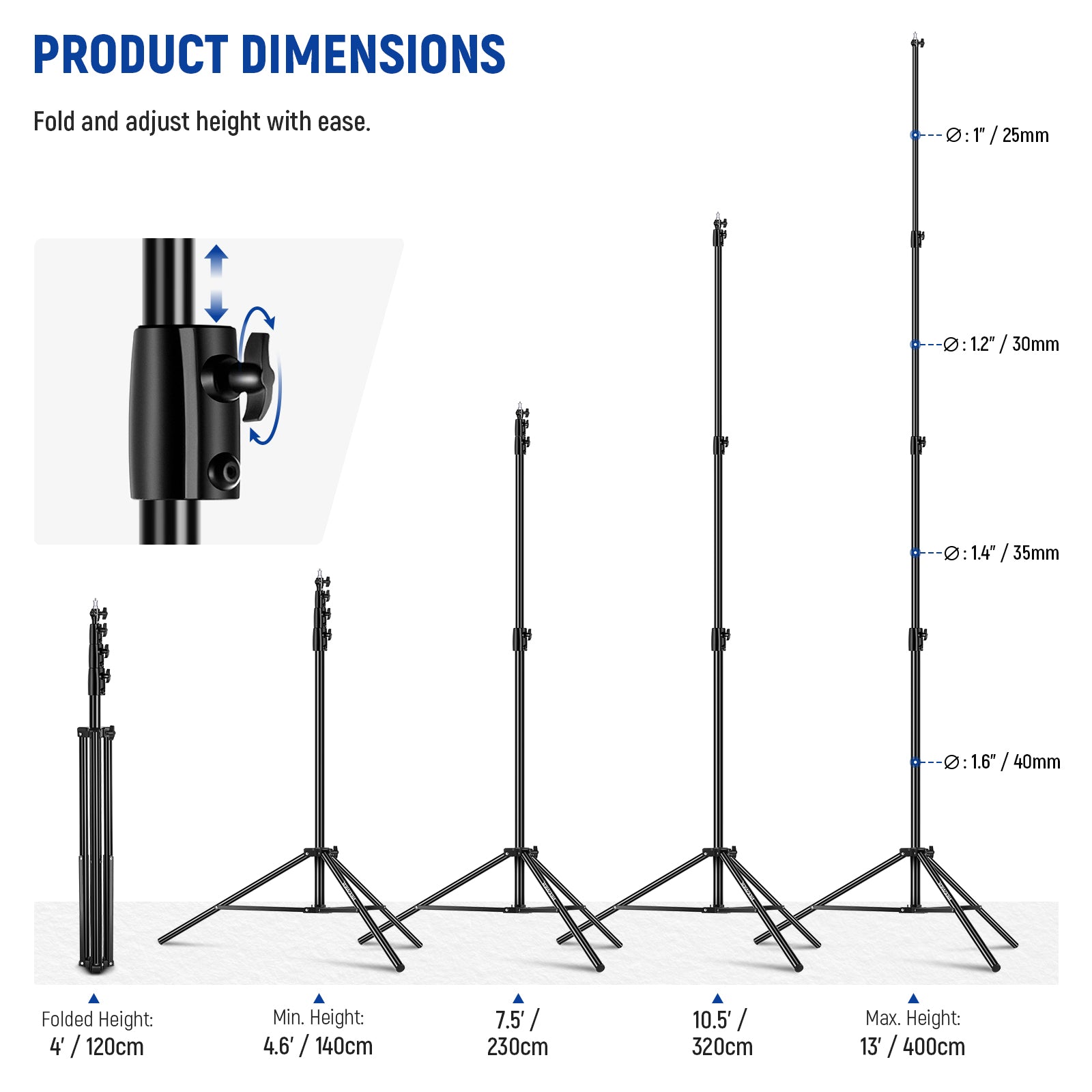 Product dimensions of the NEEWER 13ft/400cm Air Cushioned Light Stand