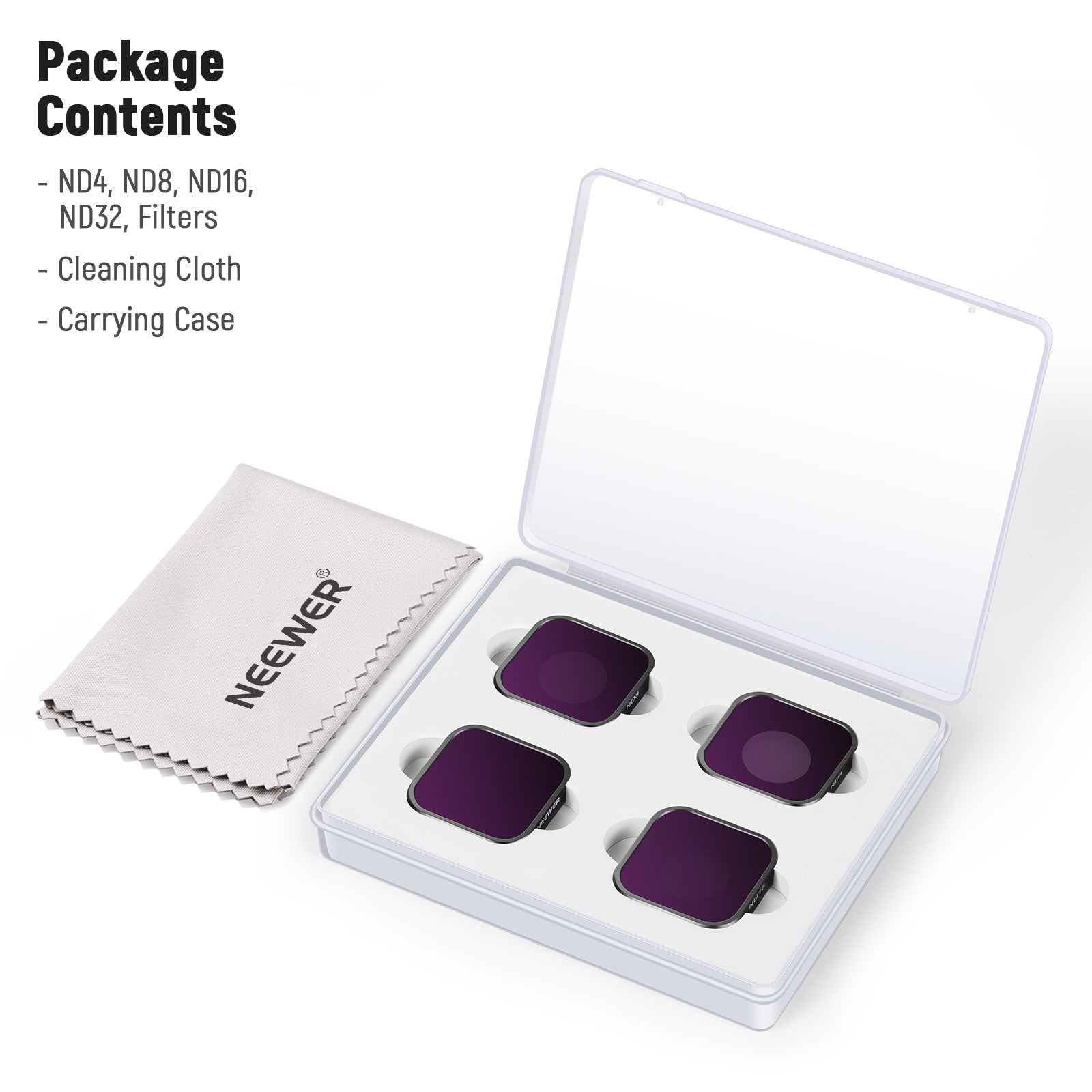 Package Contents of the NEEWER 4 Pack Lens Filter Kit