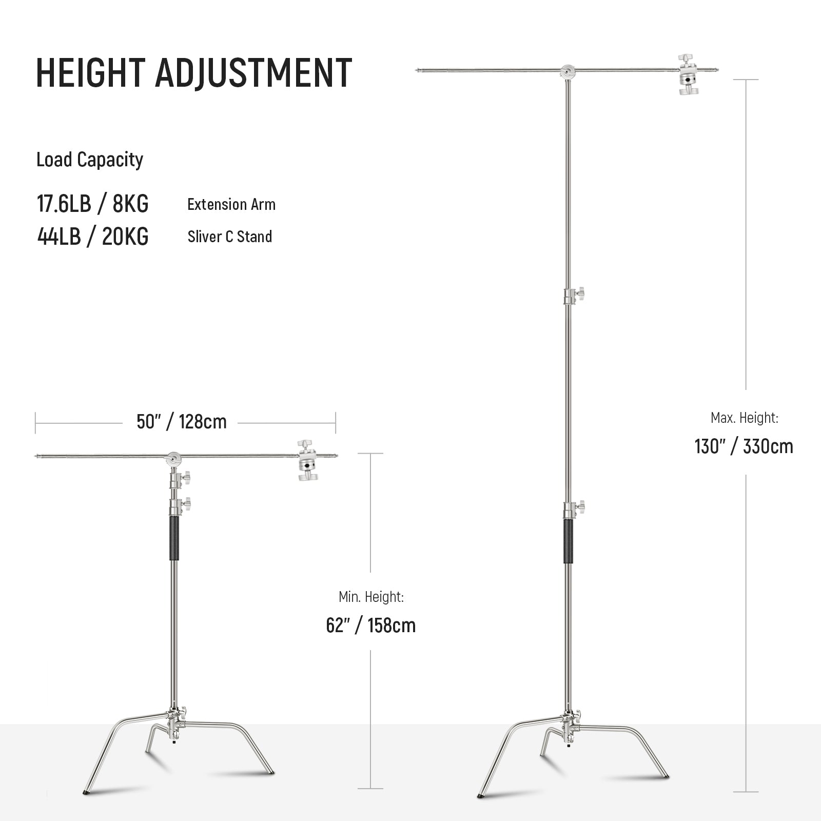 Height Adjustment Range of the NEEWER SC340AC Stainless Steel C Stand
