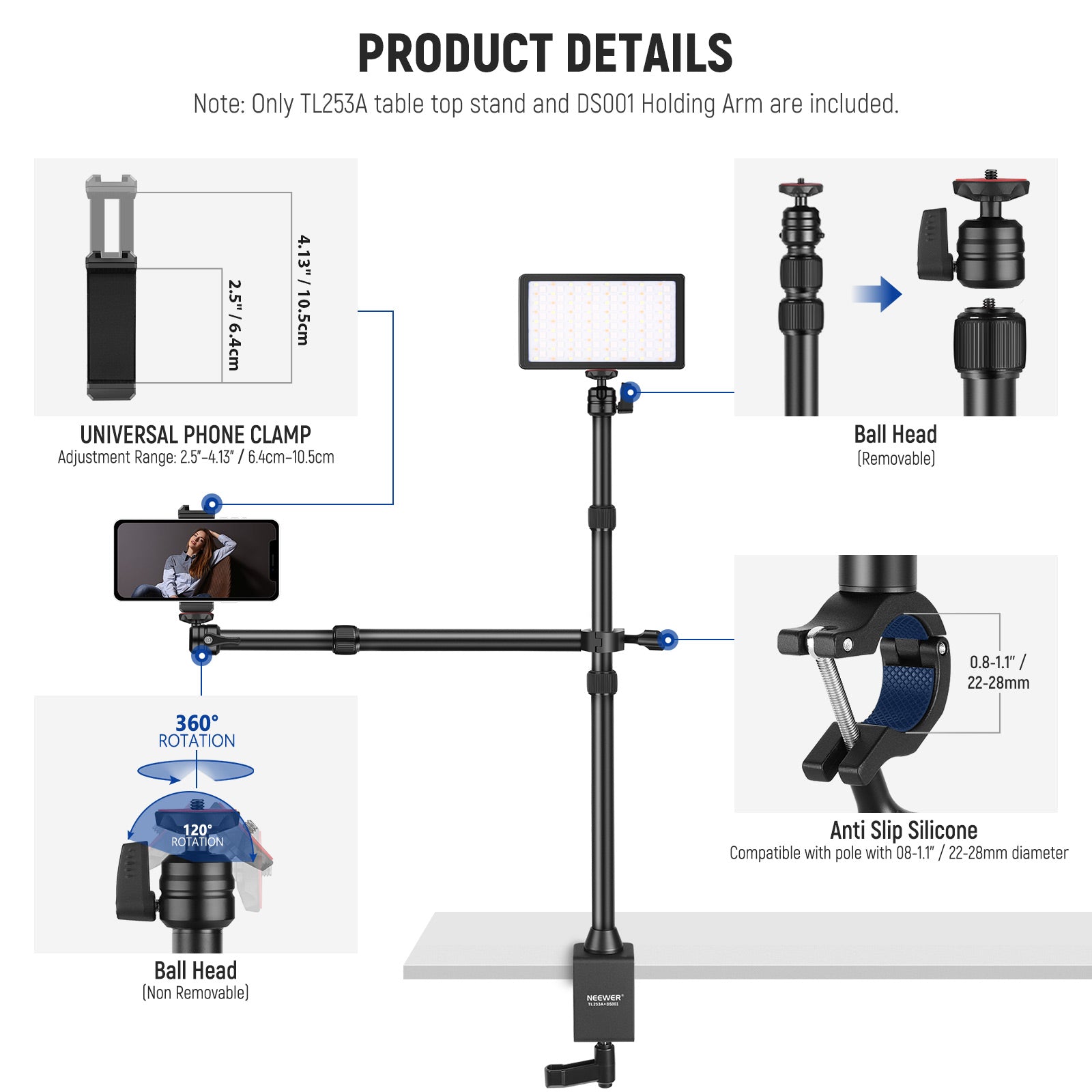 Product details of the NEEWER TL253A+DS001 Tabletop Overhead Camera Mount Stand