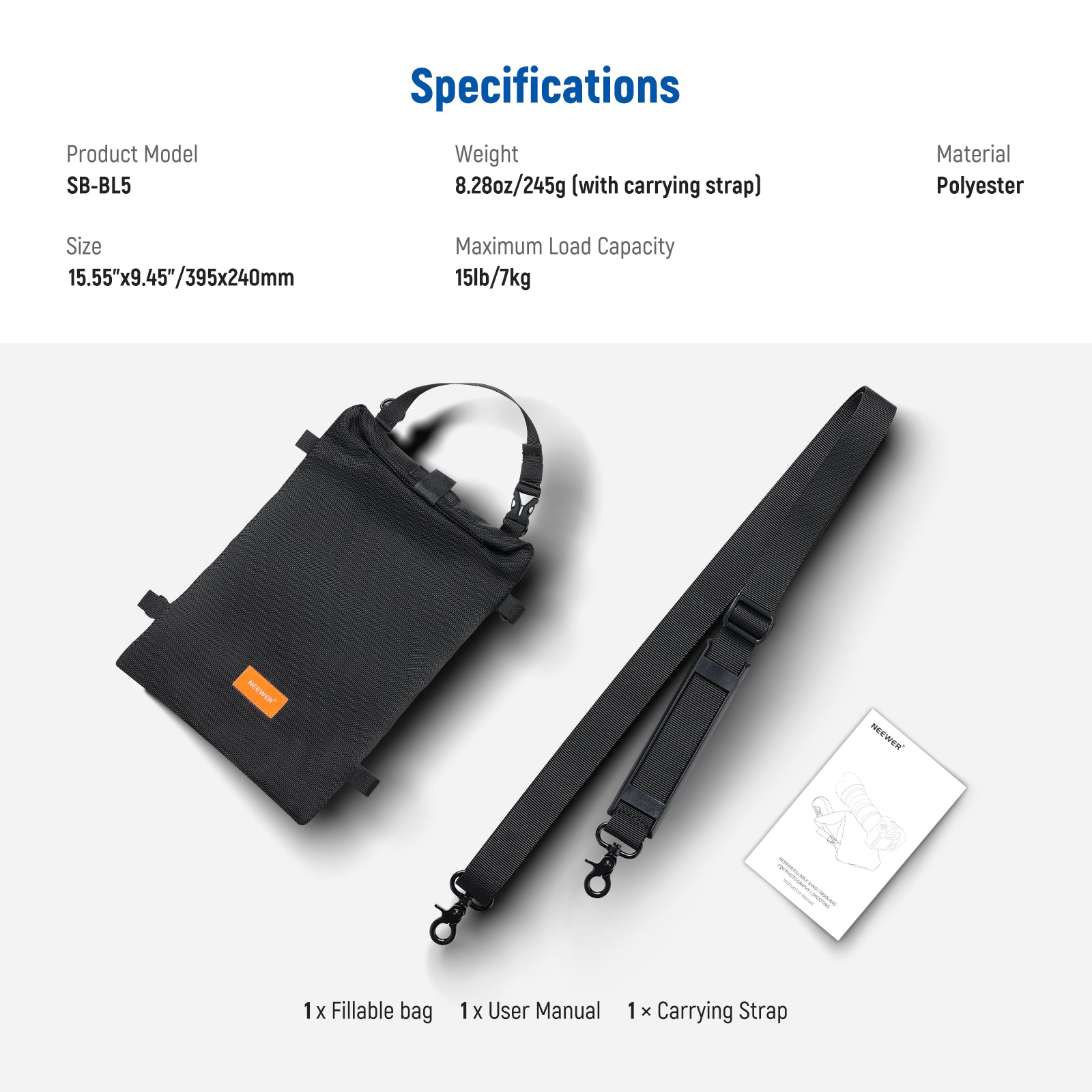 Specifications of the NEEWER SB-BL5 Sandbag for Photography