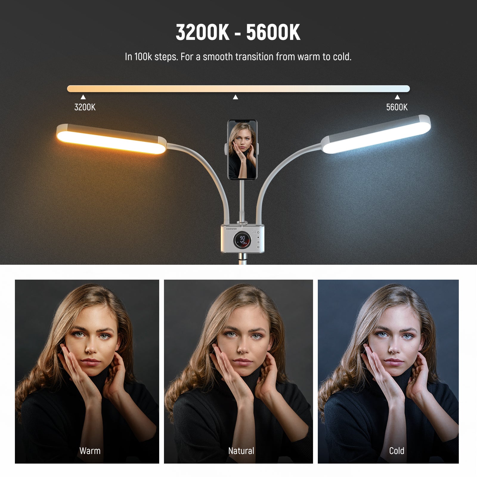 Color temperature range of NEEWER BH40B Esthetician Light is from 3200K to 5600K.