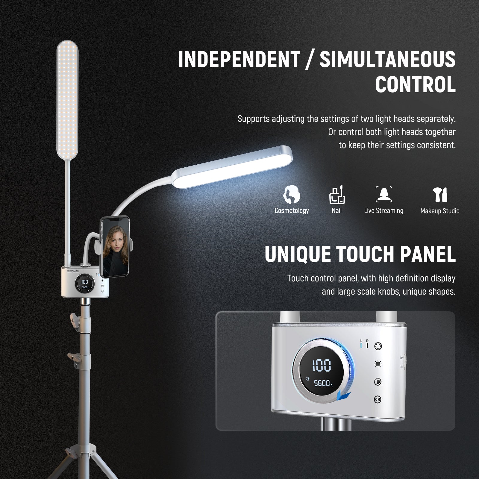 NEEWER BH40B Esthetician Light supports independent and simultaneous control.