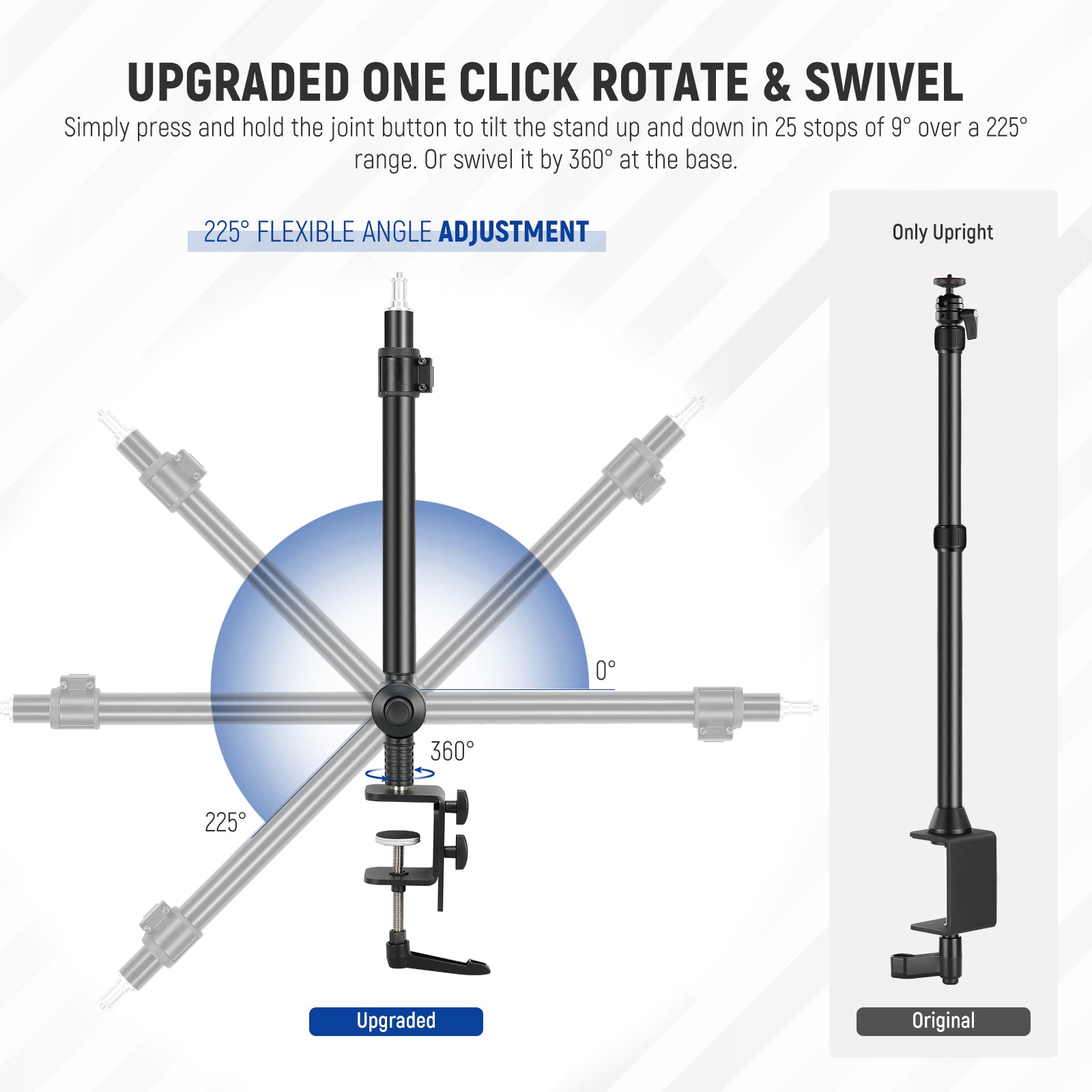 Press and hold the joint button to tilt the stand-up and down in 25 stops of 9° over a 225° range.
