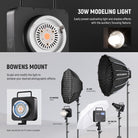 The widely used Bowens mount can connect the moonlight to various light modifiers