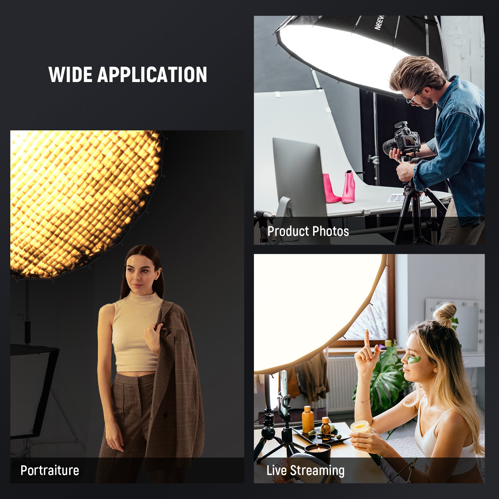 Wide Applications of the NEEWER 120CM Parabolic Softbox