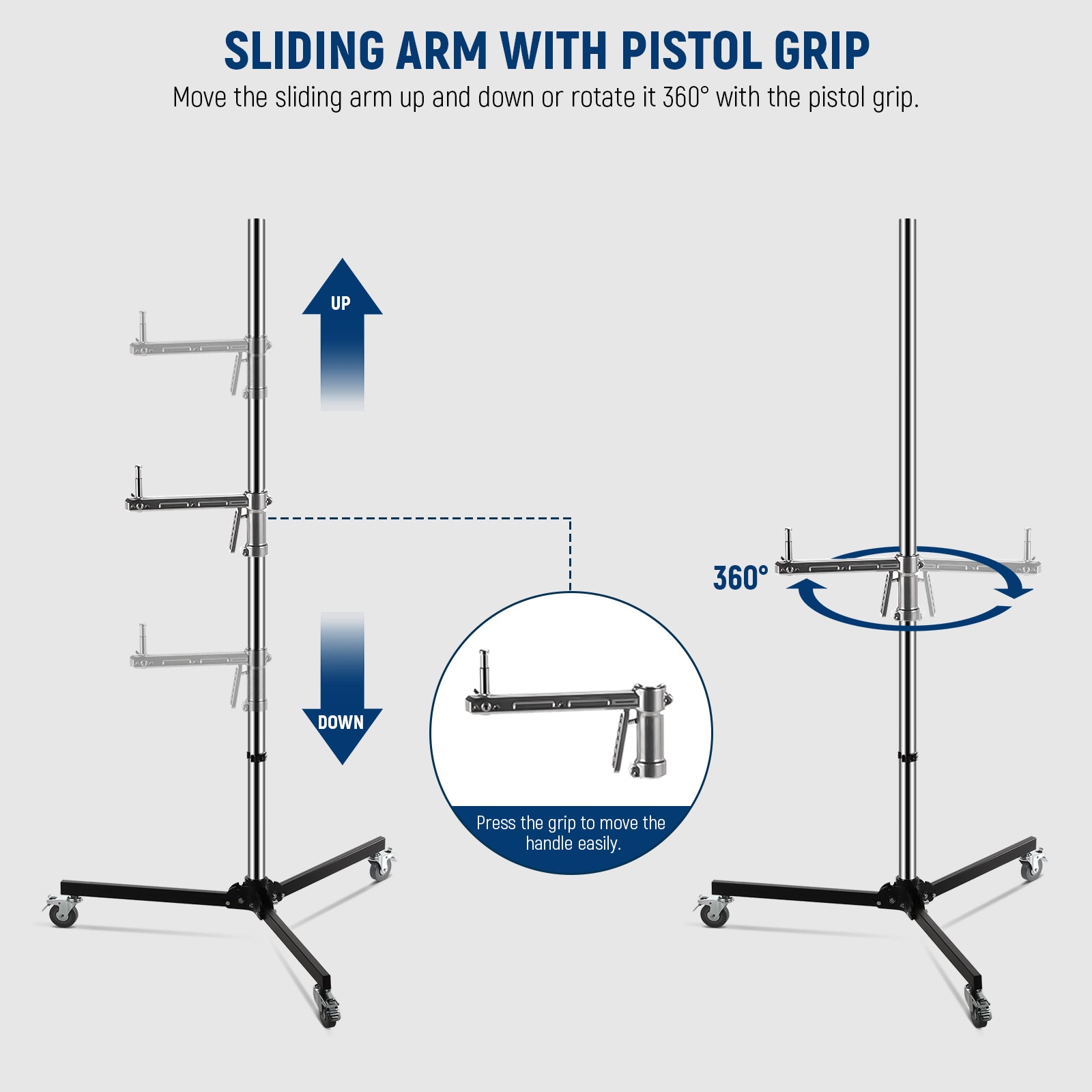 The spring loaded pistol grip handle allows for quick and flexible sliding arm adjustments