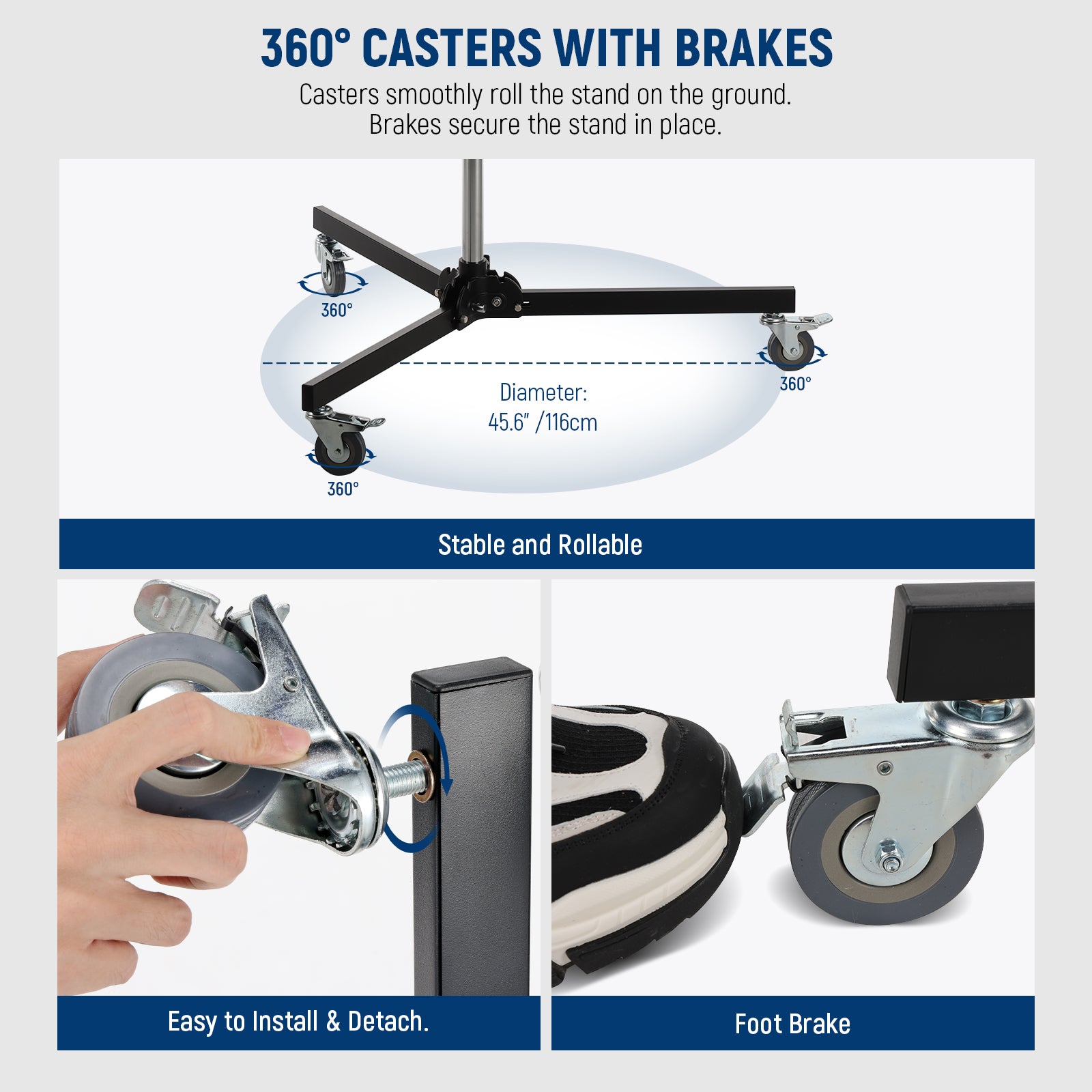 Three casters can attach to the base