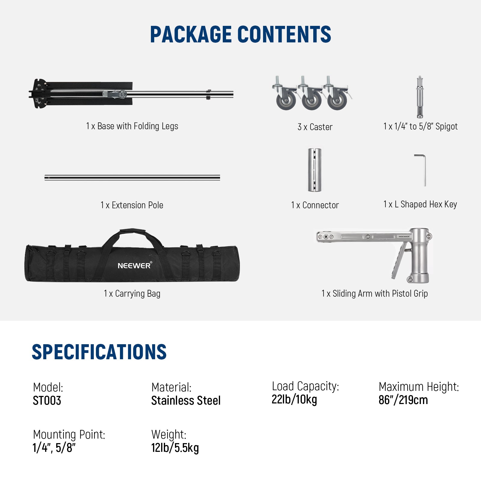 Package Contents of the NEEWER ST003 88" Light Stand with Wheels
