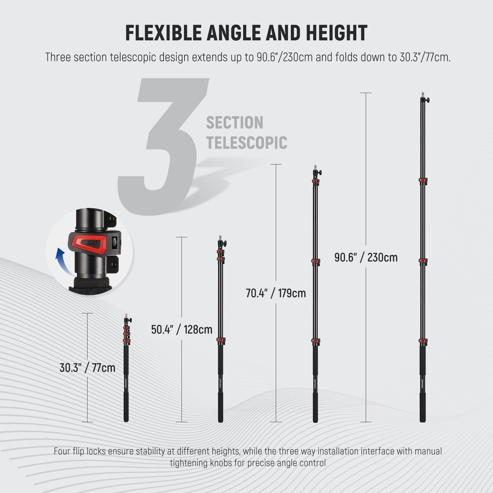 NEEWER MS-230C 230cm Boom Pole Stand offers flexible angle and height.