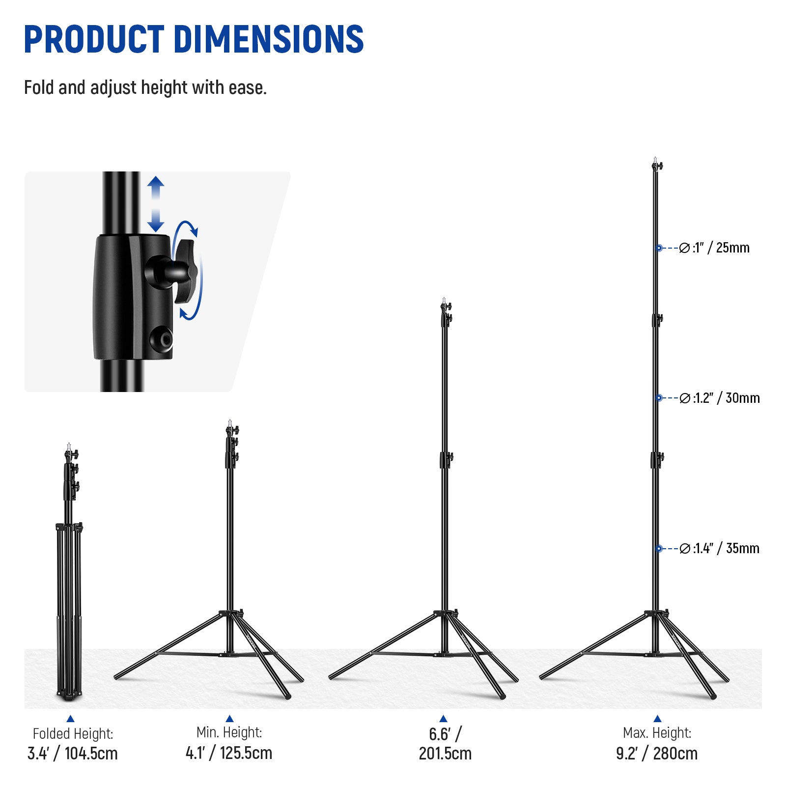 Product dimensions of the NEEWER ST-280AC Heavy Duty Light Stand