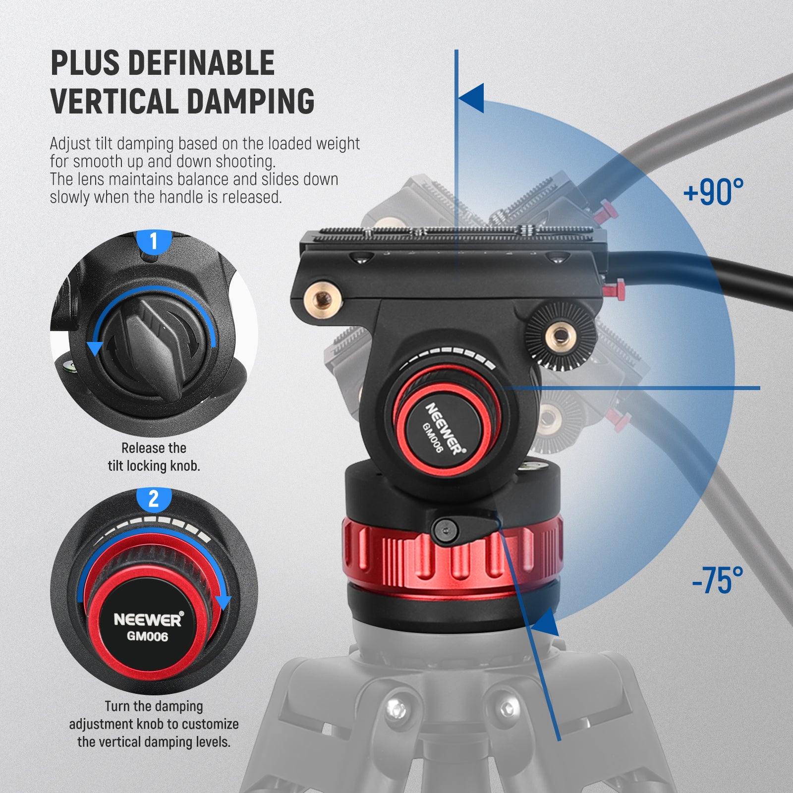 NEEWER GM006 Pro Video Tripod Fluid Head features an upgraded adjustable horizontal damping system.