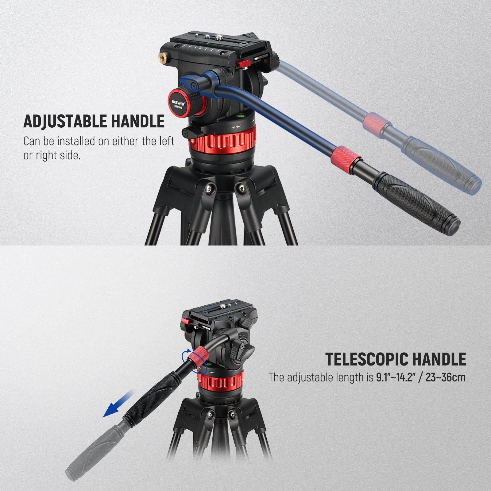NEEWER GM006 Pro Video Tripod Fluid Head features a detachable handle.