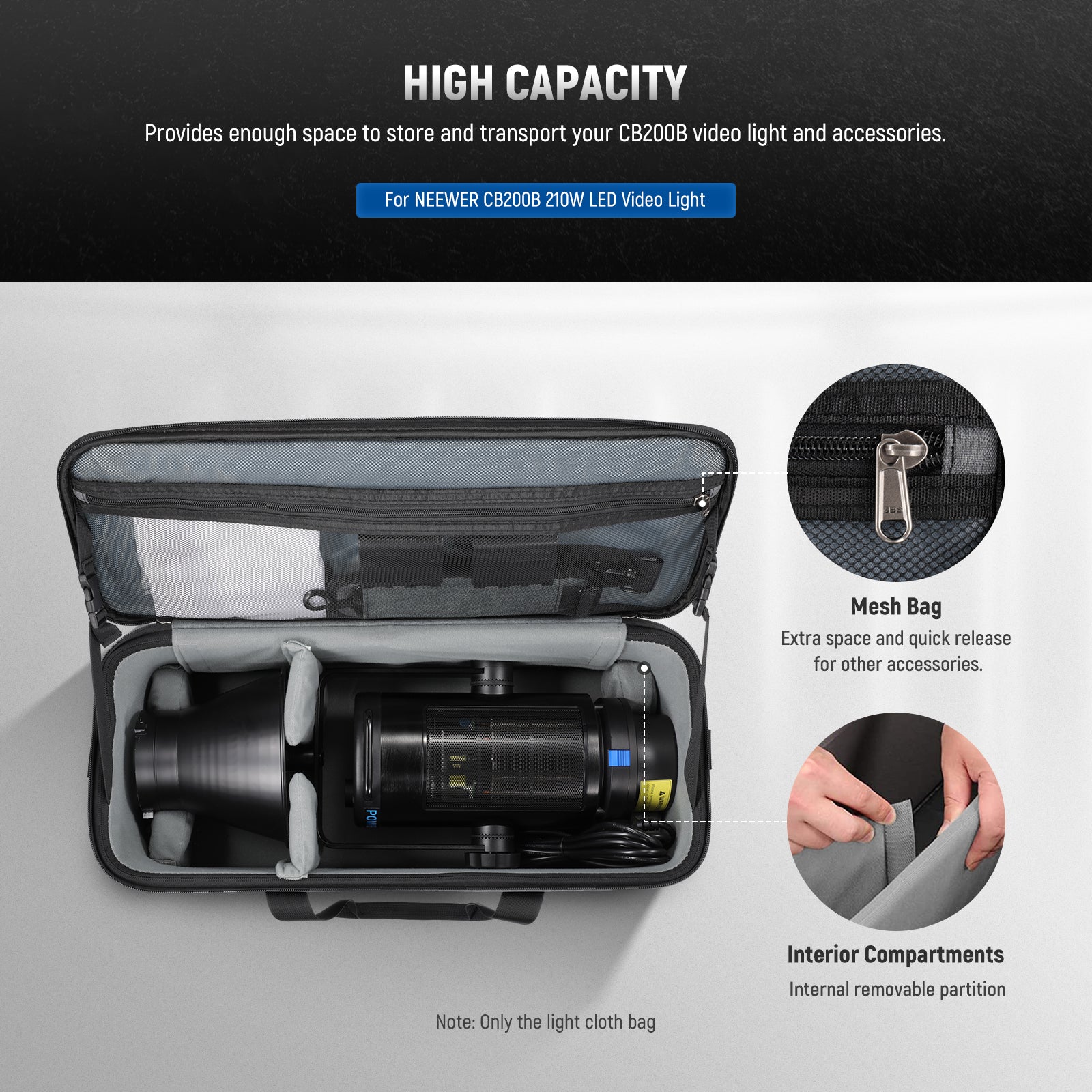 NEEWER PB6 Portable Storage Travel Bag provides enough sapce to store video light and accessories.
