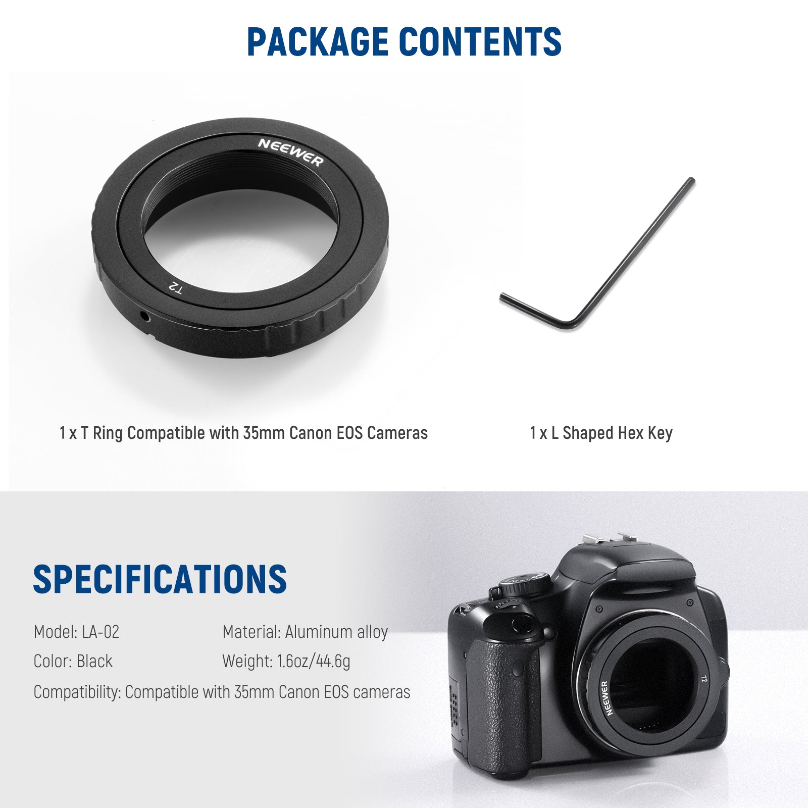 Package Contents of the NEEWER LA-02 T Ring For Canon EOS Cameras & Telescopes