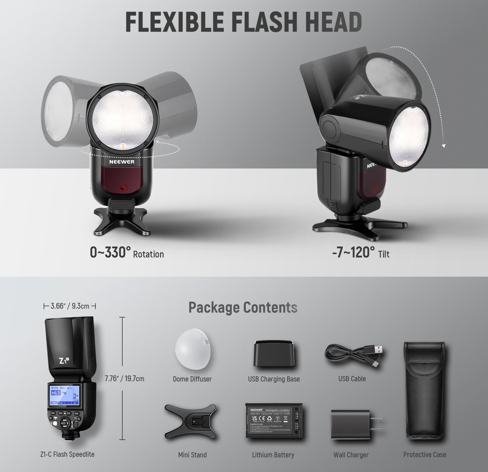 Package Contents of the NEEWER Z1-C Speed Flash With Magnetic Dome Diffuser