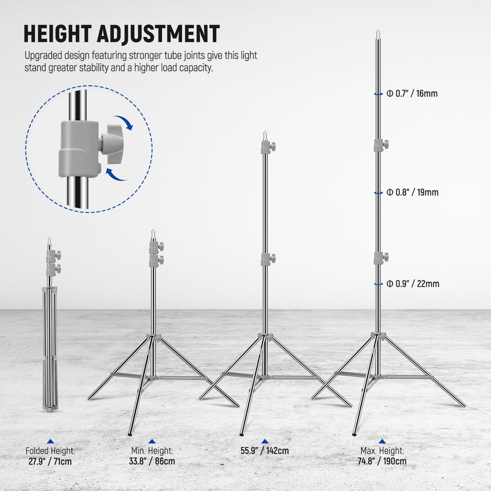 Height Adjustment Range of the NEEWER ST-190SS Upgraded Photography Lamp Stand