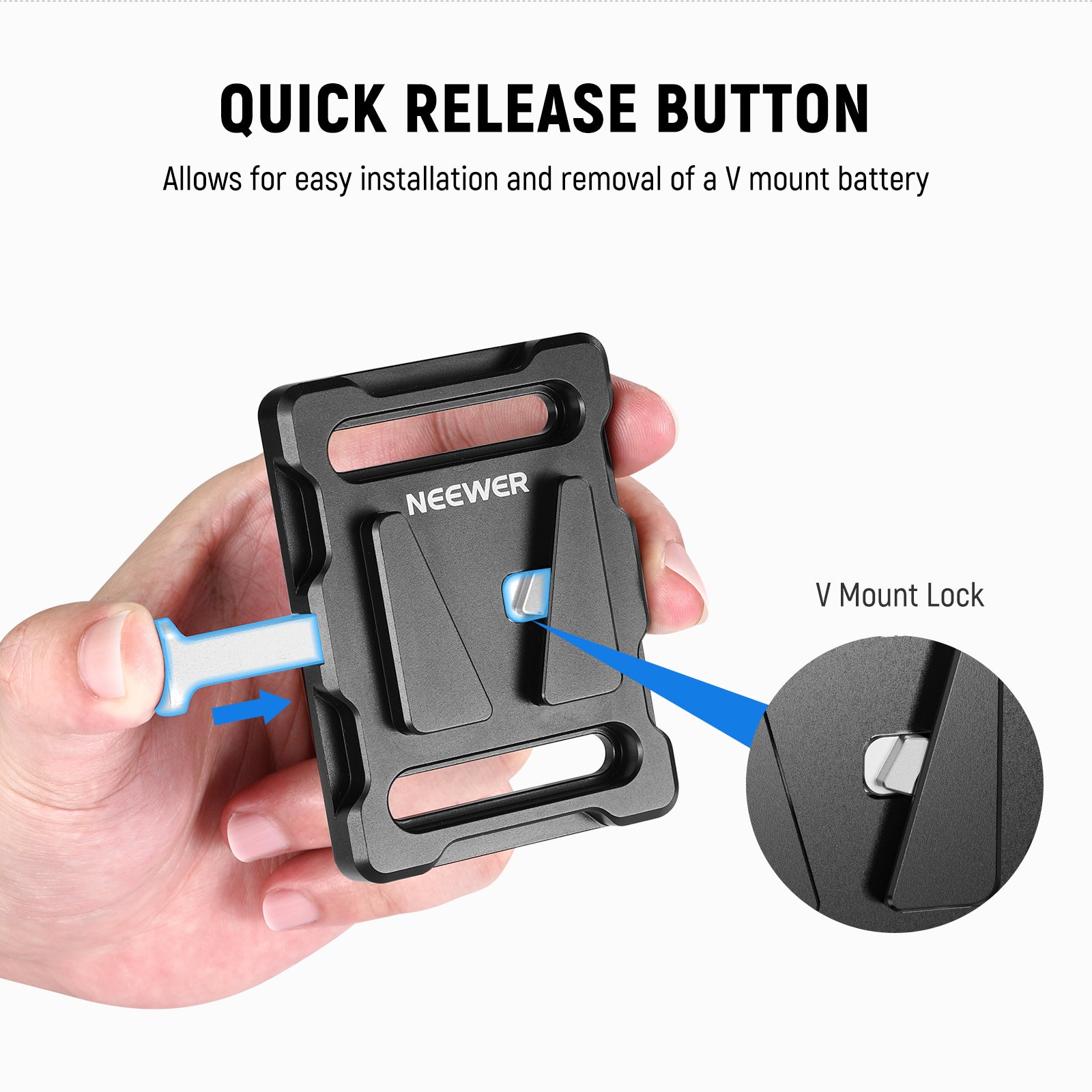 NEEWER PS005 Mini V Mount Battery Plate allows for easy installation and removal of a V mount battery.