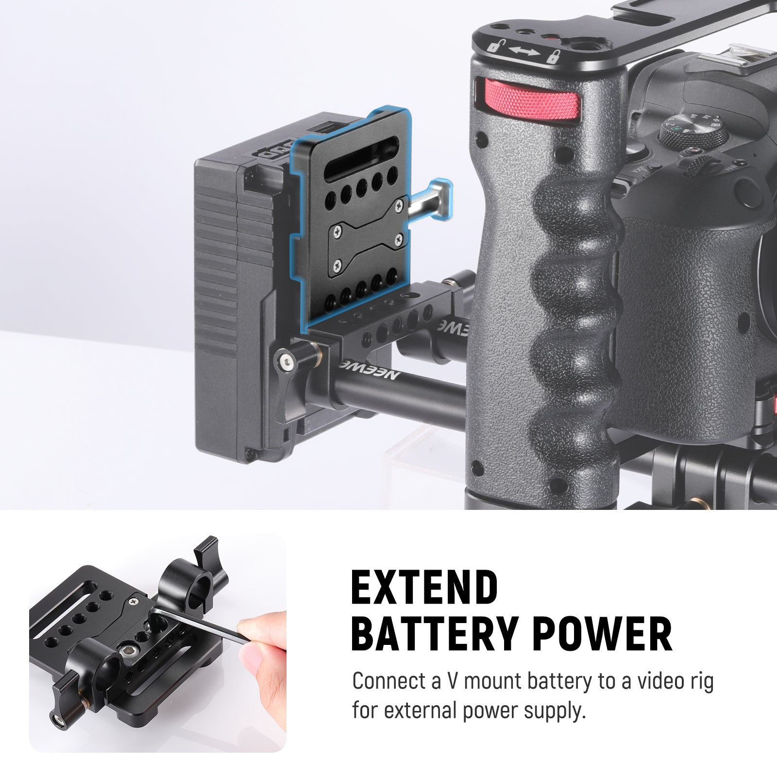 Connect a V mount battery to a video rig for external power supply.