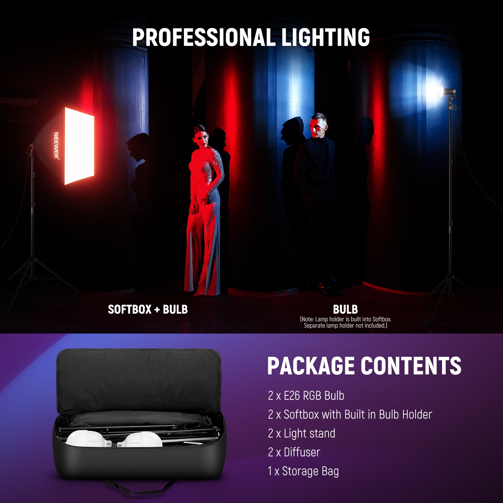 Package Contents of the NEEWER NK800 RGB Softbox Lighting Kit