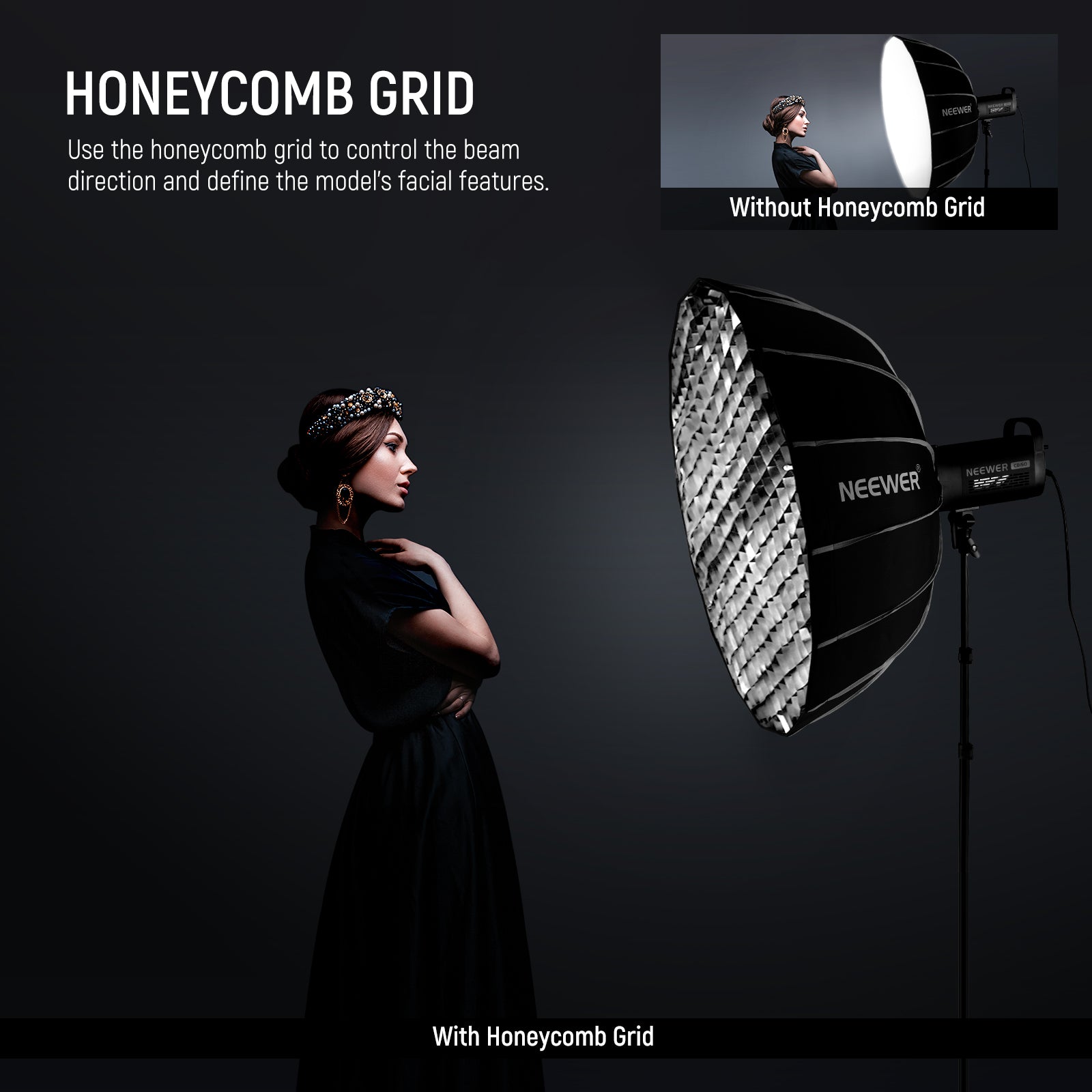 NEEWER NS85U Hexadecagon Parabolic Softbox kit has a honeycomb grid.