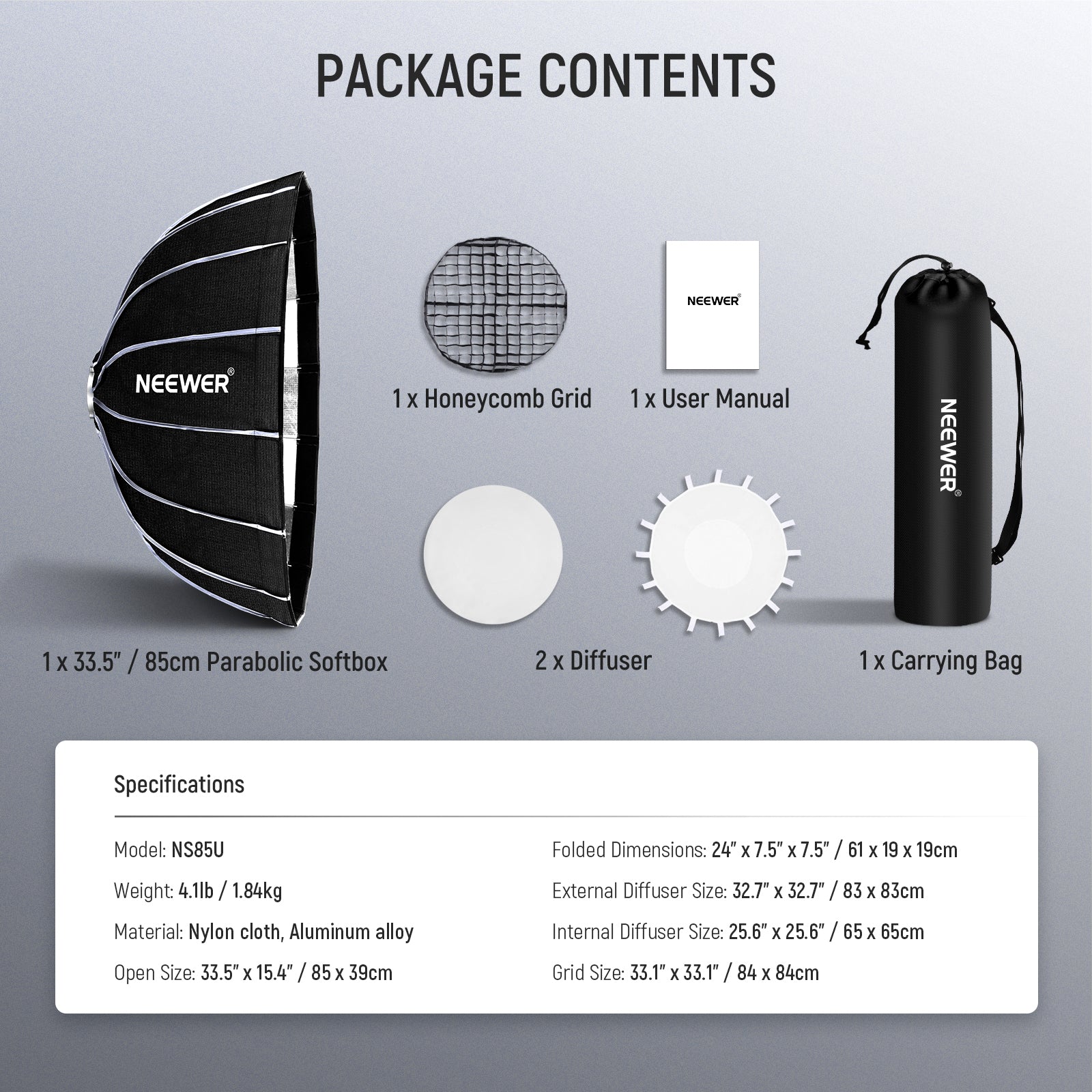 Package Contents of the NEEWER NS85U Hexadecagon Parabolic Softbox