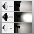 The beauty dish reflector first bounces the lighting backward with the deflector plate