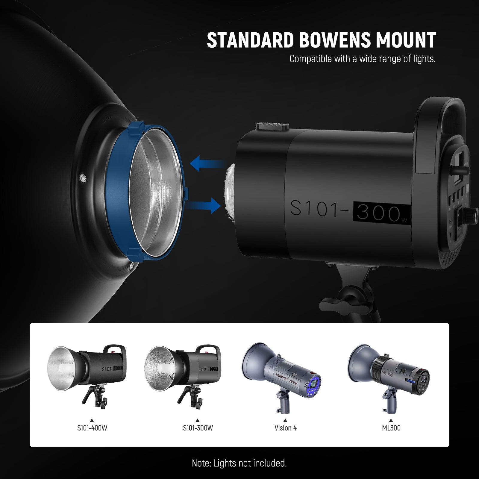 This beauty dish reflector can attach to any light with the standard Bowens mount