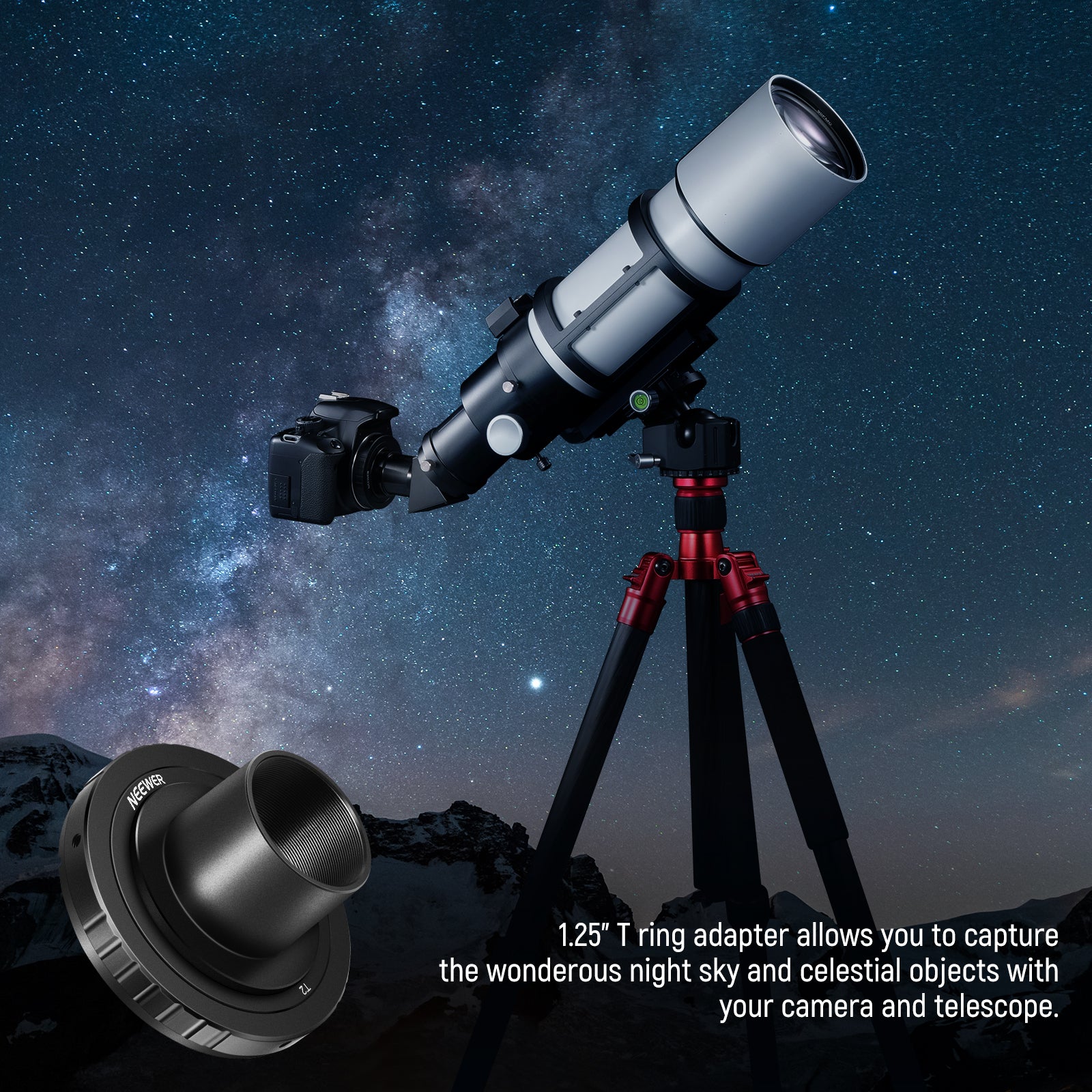 NEEWER LA-05 T Ring allows you to capture the wonderous night sky and celestial objescts with your camera and telescope.