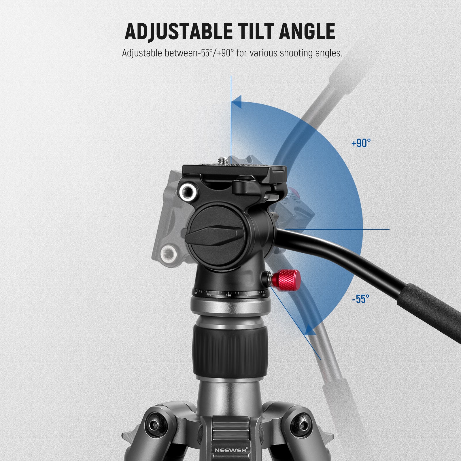 NEEWER GM23 Fluid Tripod Head is adjustable between -55° to 90°.