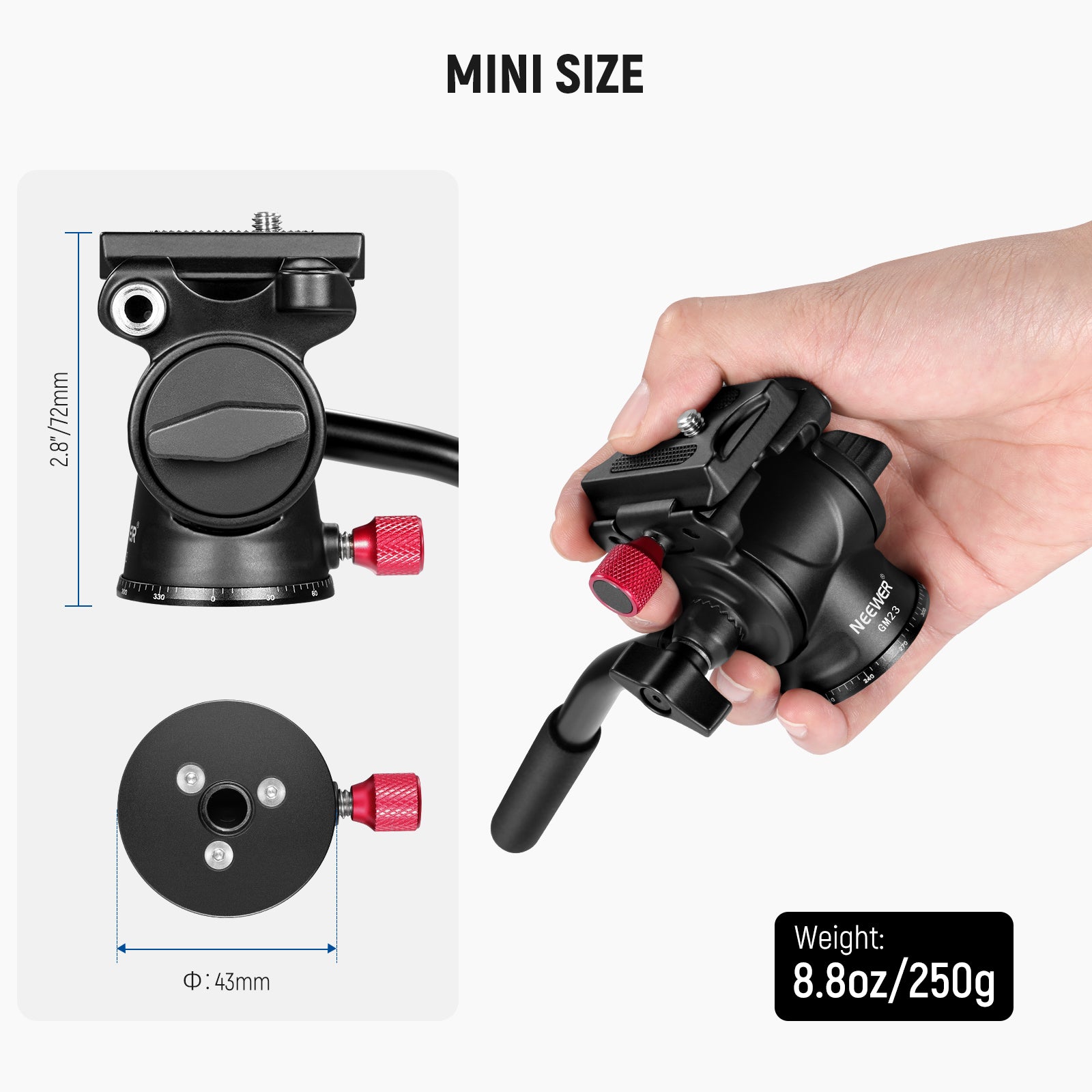 NEEWER GM23 Fluid Tripod Head is 8.8oz (250g) in weight.