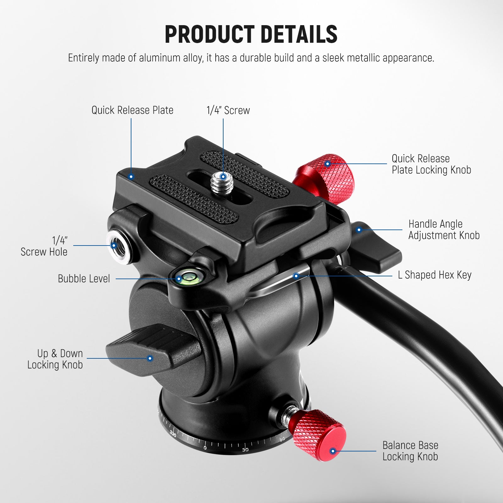 Product detail of the NEEWER GM23 Fluid Tripod Head with Handle & Arca Type Quick Release