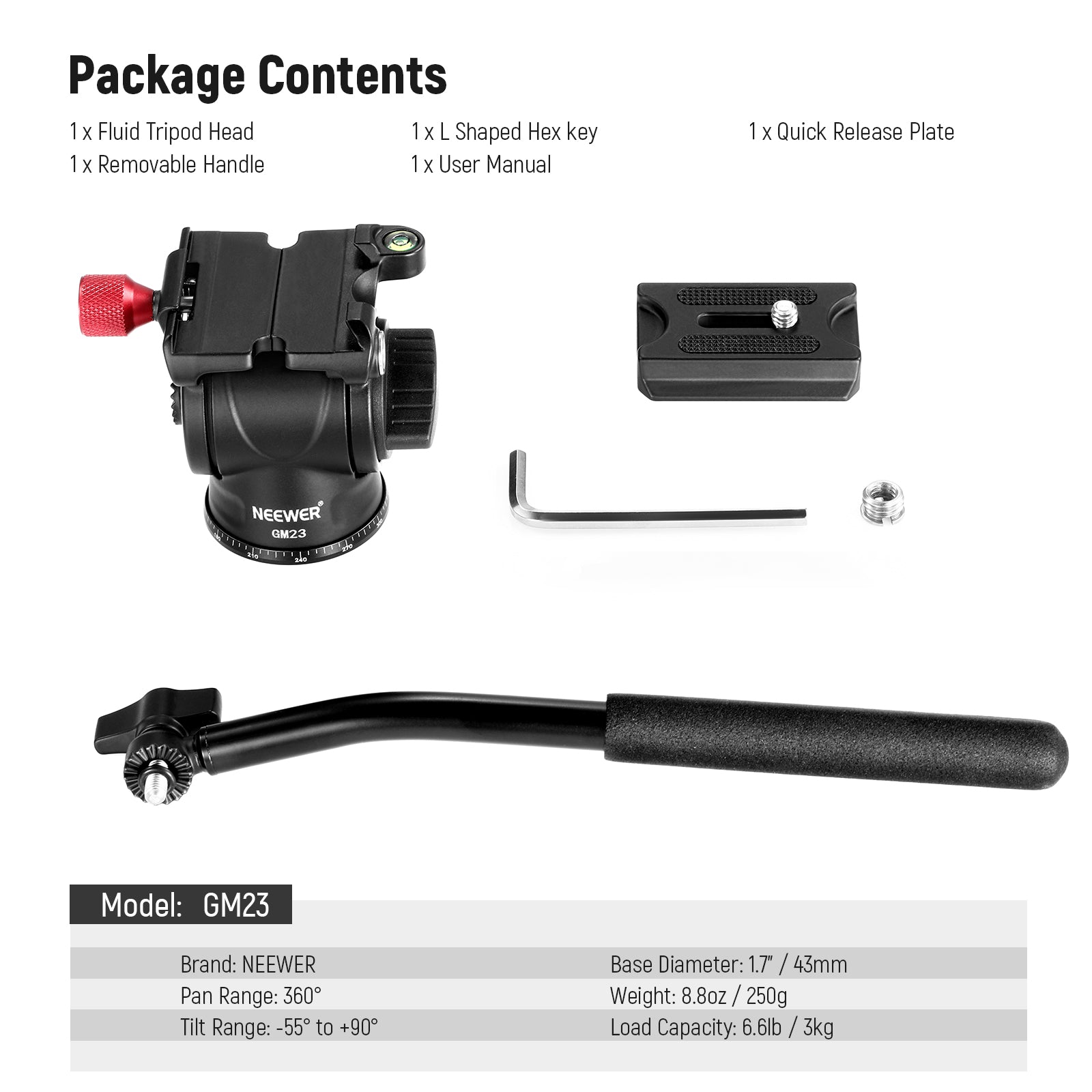 Package Contents of the NEEWER GM23 Fluid Tripod Head with Handle & Arca Type Quick Release