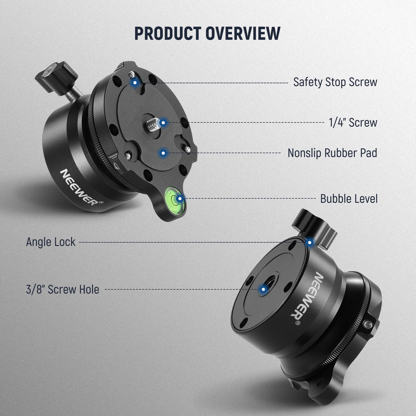 Product overview of the NEEWER GM15 Tripod Leveling Base (ø60mm) Camera Leveler