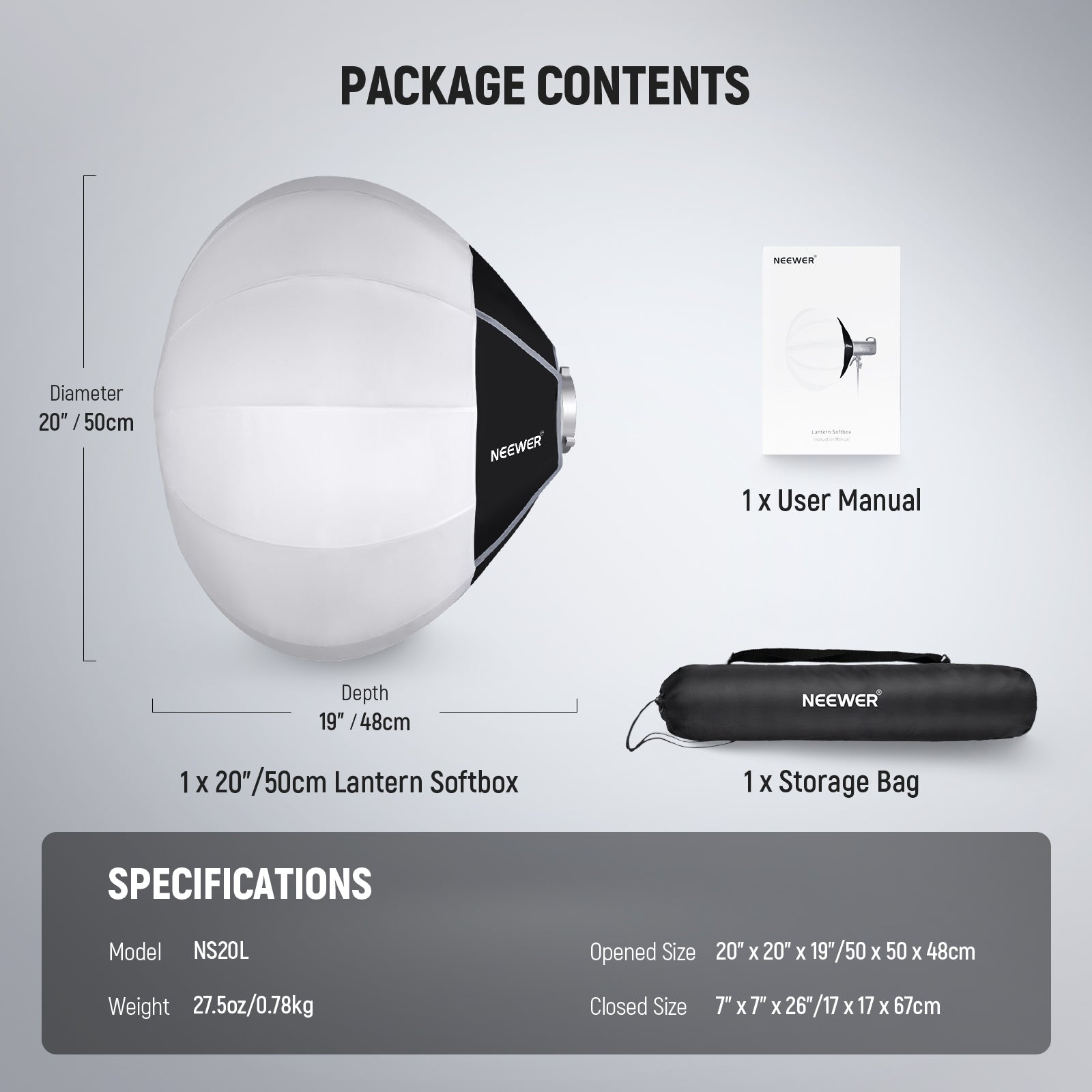 Package Contents of the NEEWER NS20L Lantern Softbox