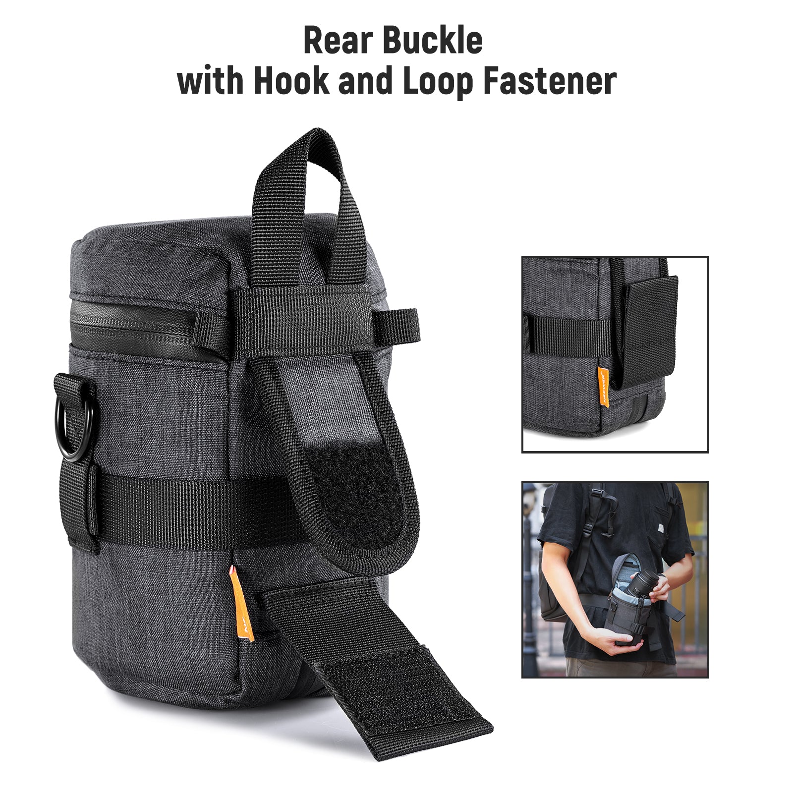 For swift access, secure it to your belt or backpack using the rear buckle and hook & loop fasteners.