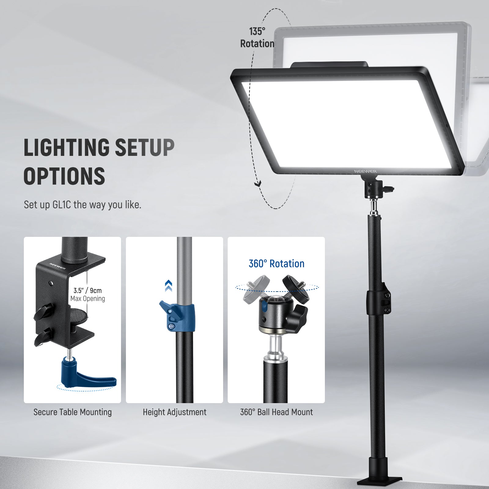 This RGB LED light kit includes a desktop stand.
