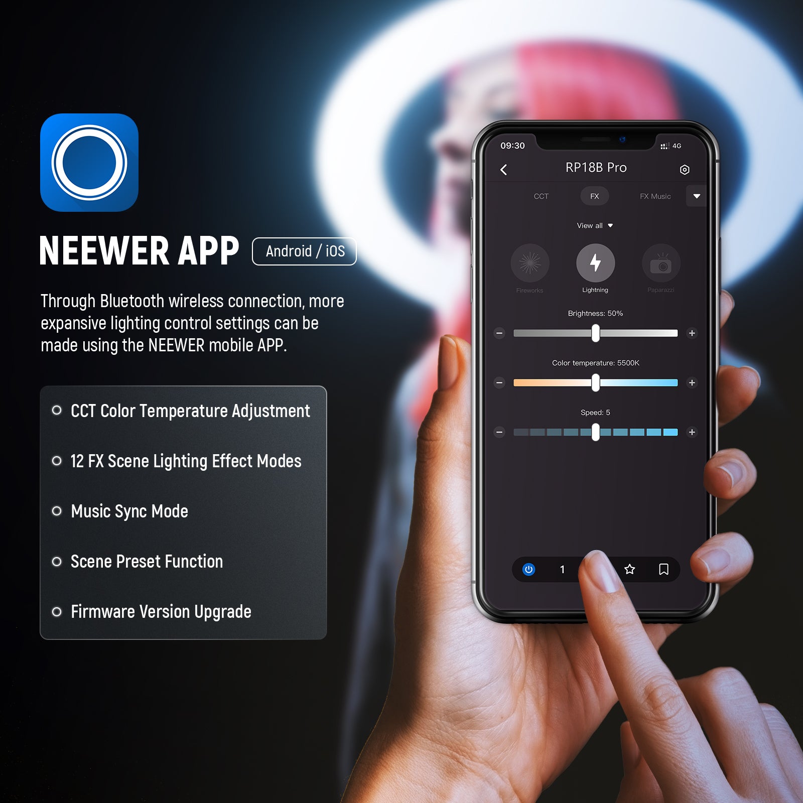 Use the NEEWER APP to control the NEEWER RP18B Pro Ring Light Kit