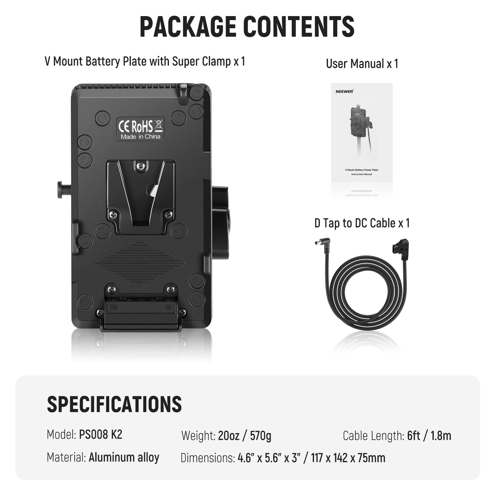Package Contents of the NEEWER PS008 K2 V Mount Battery Plate Kit
