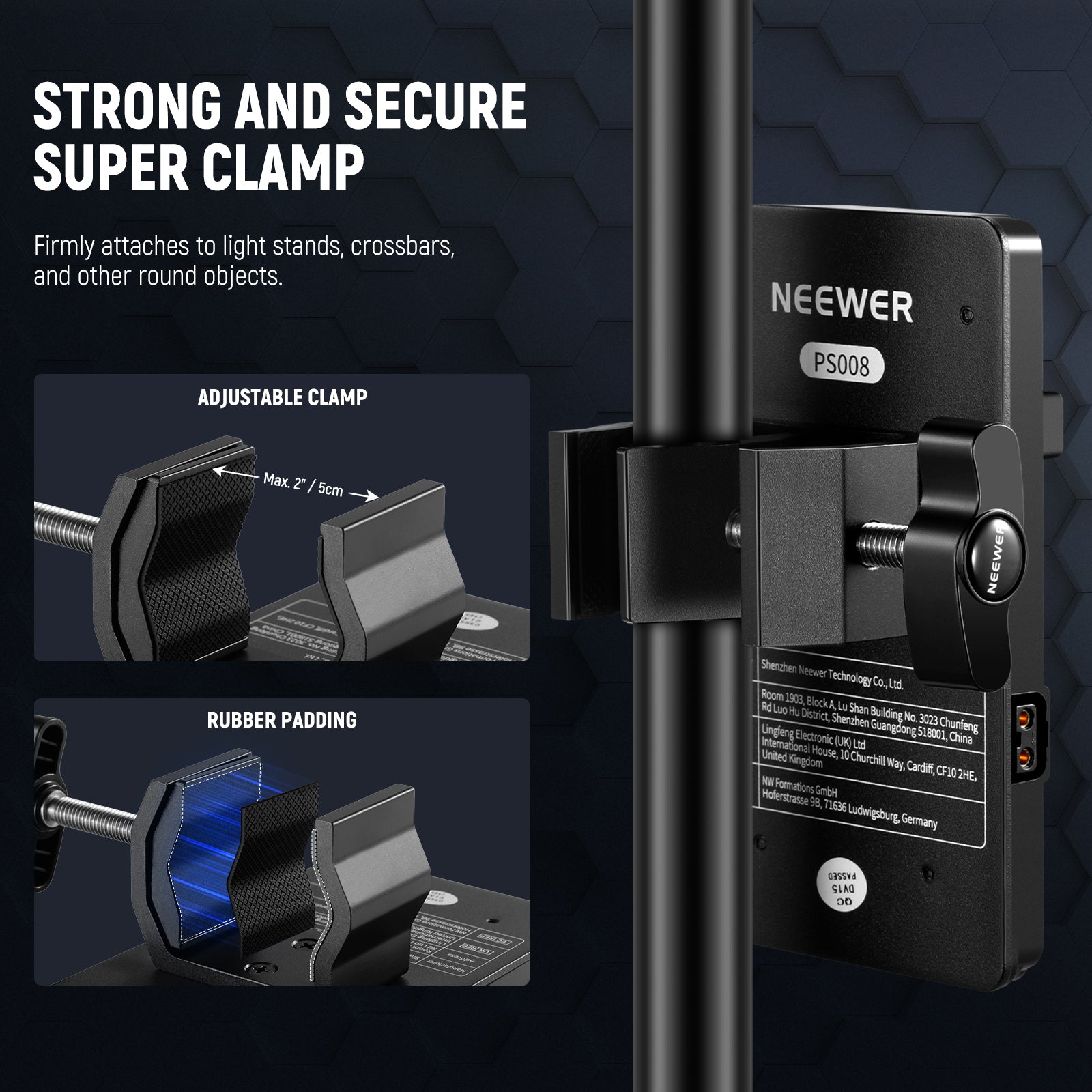 The V mount battery adapter plate features a crab shaped C clamp