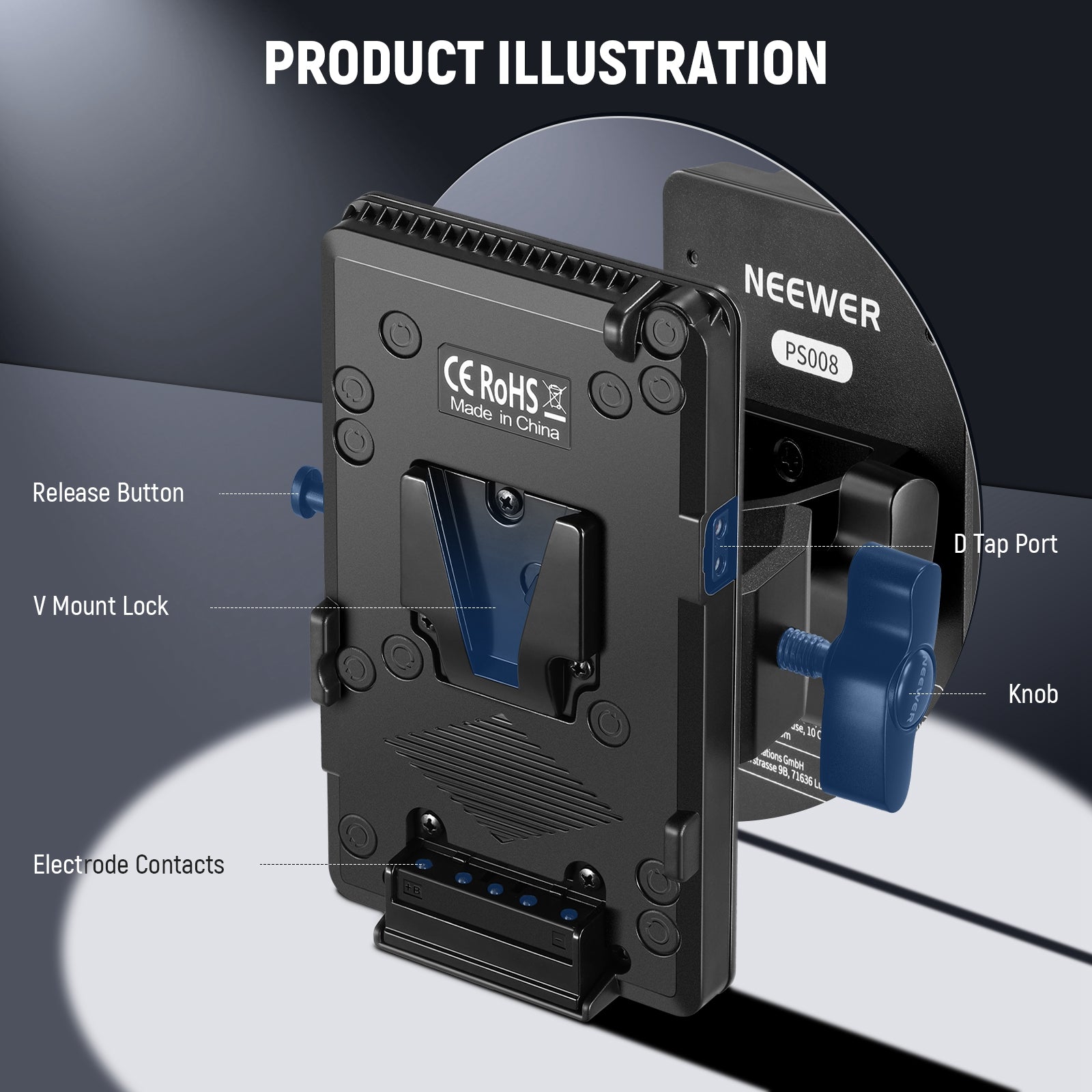Product details of the NEEWER PS008 K3 V Mount Battery Plate