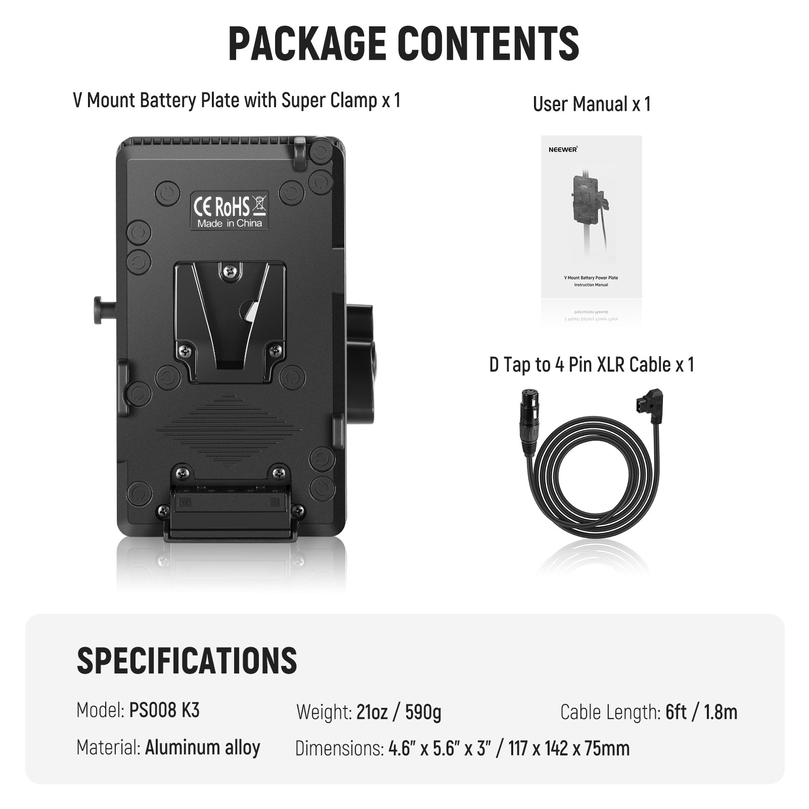 Package Contents of the NEEWER PS008 K3 V Mount Battery Plate Kit