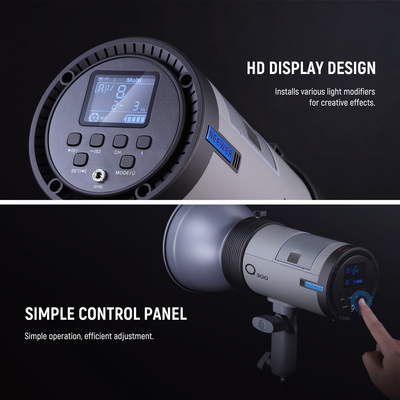 NEEWER Q300 Outdoor Strobe Flash features HD display design.