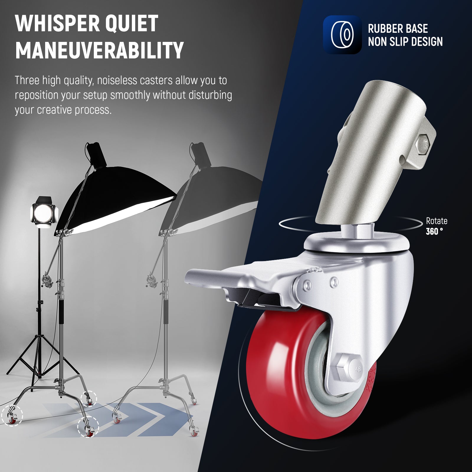 NEEWER SC340AW Air Cushion C Stand features 3 noiseless casters.