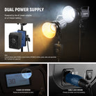 NEEWER FS230B LED Video Light can be powered by the AC power adapter or a V mount battery.