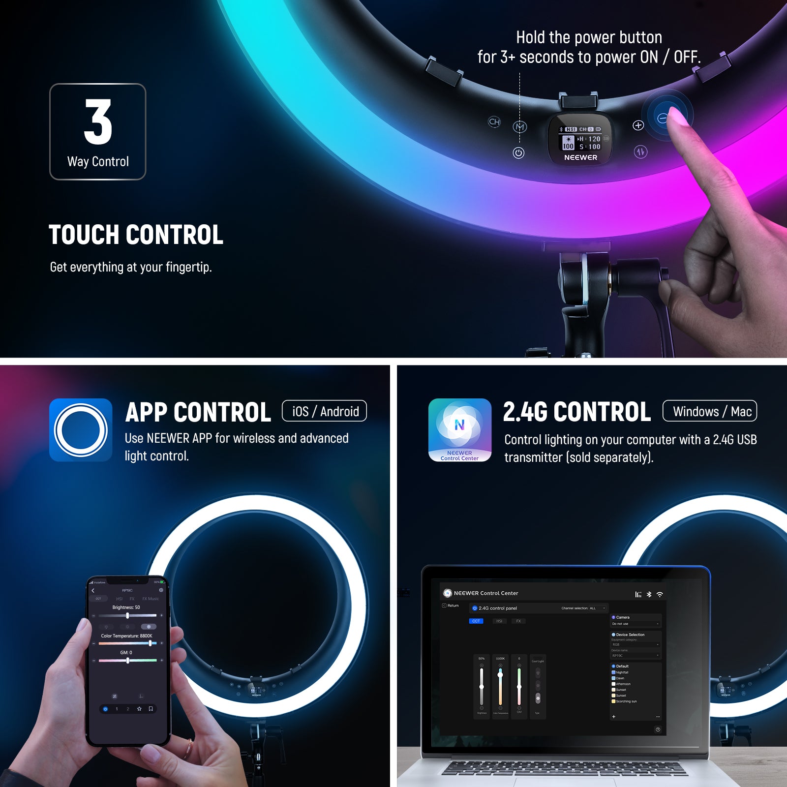 NEEWER RP19C 19" RGB LED Ring Light can be controlled by 3 ways.
