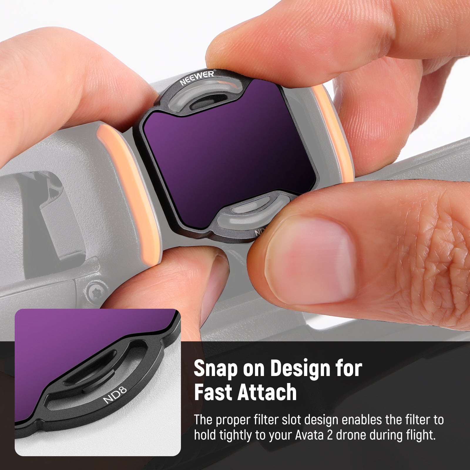 The proper filter design enables the filter to hold tightly to your Avata 2 drone during flight.