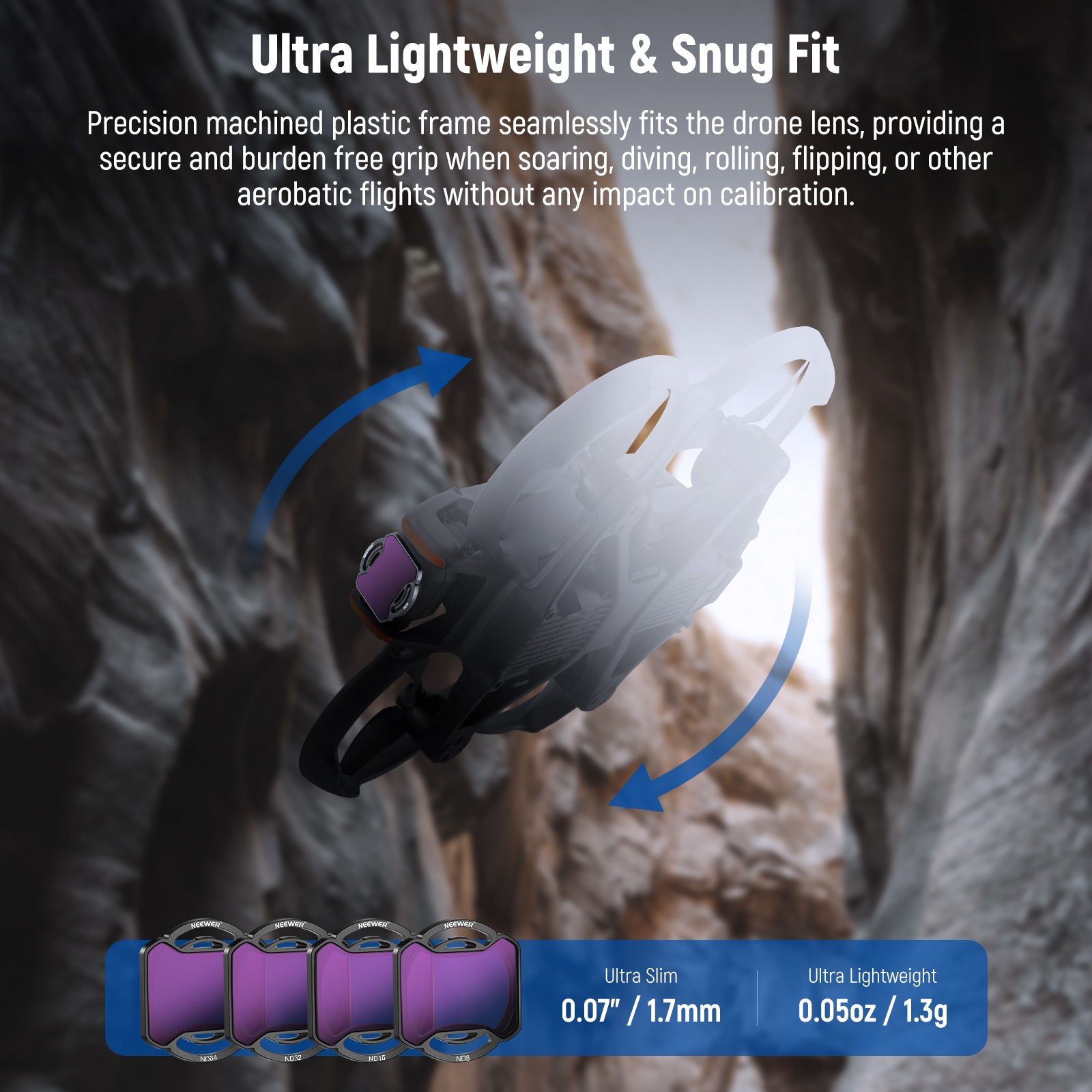 Precision machined ultra slim frame seamlessly fits the drone lens