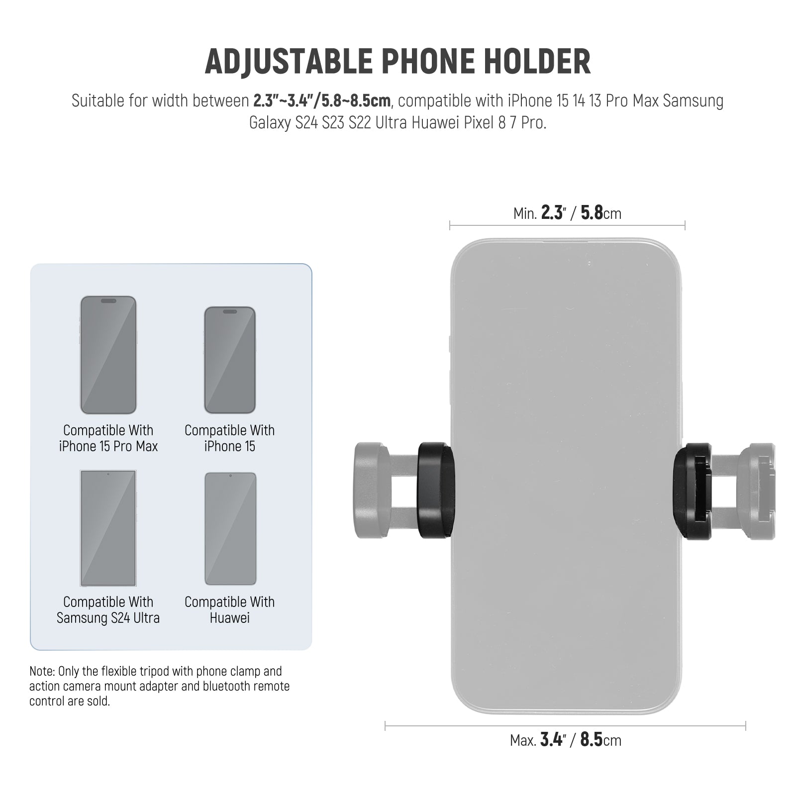 NEEWER T72 Flexible Mini Phone Tripod Kit includes an adjustable phone holder.